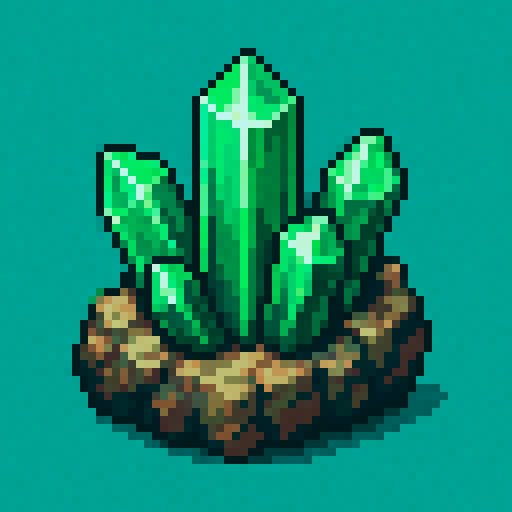 Emerald crystals embedded in a small piece of rock, hexagonal crystal pattern, solid-color background