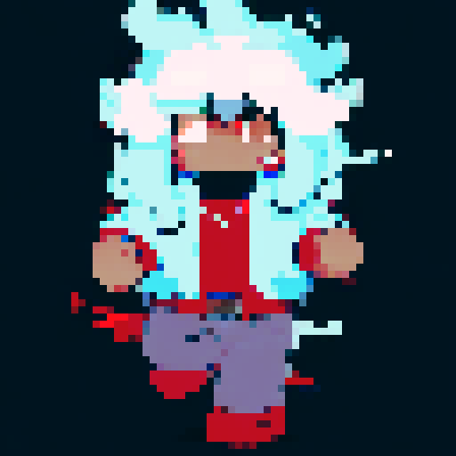 Hispanic man, confident expression, vibrant red background, intense gaze, heroic pose, full body, anime style, pixel art