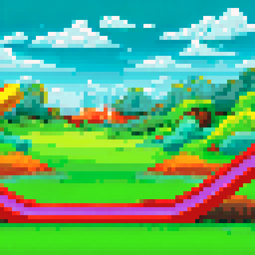 Mini golf obstacles like windmills and loops, pachinko balls and bumpers, and pinball flippers and targets, all set against a vibrant, retro landscape with a blue sky and green hills