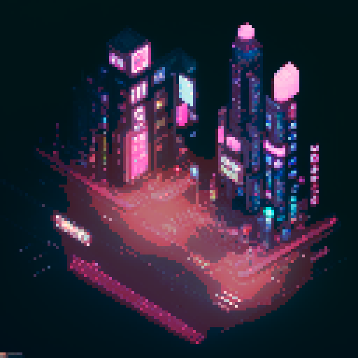 isometric 3D anime girl hovering in street, Japanese cyberpunk, neon lights, futuristic cityscape, dark colors, pixel art