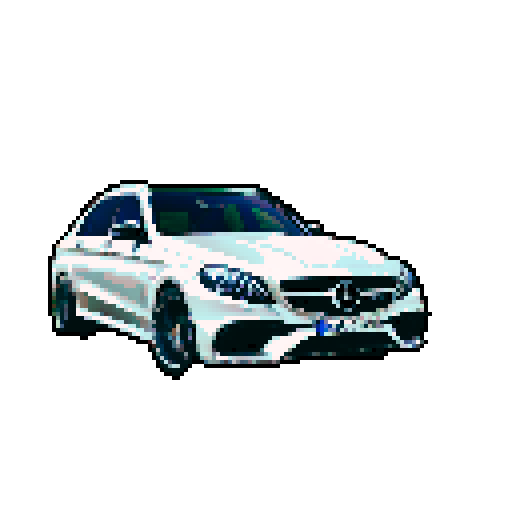 Photorealistic whole Mercedes-Benz E 63 AMG, three-quarter view, right front wheel, clean background, sRGB colors, pixel art style
