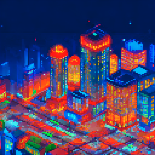 distant cityscape, vibrant colors, low-resolution, blocky buildings, glowing streetlights, twinkling stars, illuminated windows, towering skyscrapers, bustling streets, pixelated cars, atmospheric haze