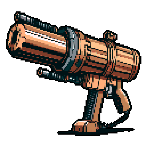I want a big copper minigun viewed from from the side. It should not be on a stand buy instead floating in the center of the frame. It should have strange mechanical details that could interlock with others. I want this object usable an asset in a videogame, meaning only one object per image, outlined with a strong black stroke, on a solid-color background. 