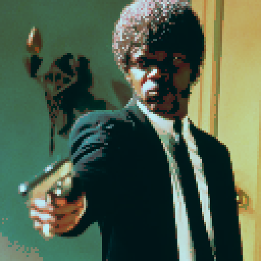 Create a pixel art scene of a man in a black suit, white shirt, and thin black tie, with an afro hairstyle, pointing a gun in a tense, action-packed pose. The background should show a dimly lit room with simple furniture, and the man should have a serious, determined expression. The lighting should cast soft shadows, giving the scene a cinematic feel. The gun should be pointed forward toward the viewer, with the character’s outstretched arm emphasizing the tension. 