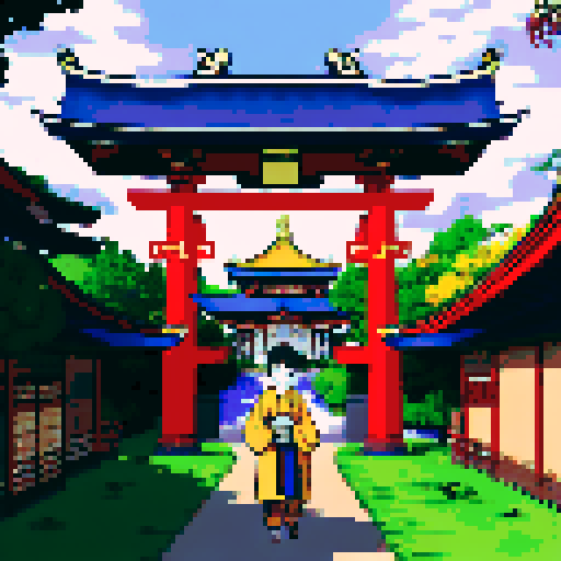 shinto shrine, vibrant colors, golden torii gate, golden collection box in background, cherry blossom trees, lanterns glowing, traditional architecture, intricate details, pixel art, sRGB