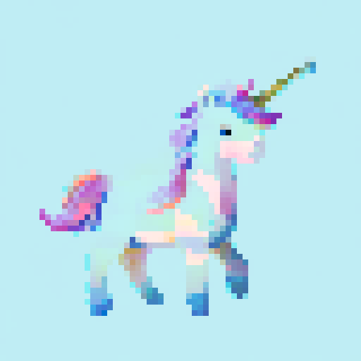 unicorn with rainbow hair in clouds, full body, vibrant colors, flowing mane and tail, soft pastel palette, fluffy white clouds