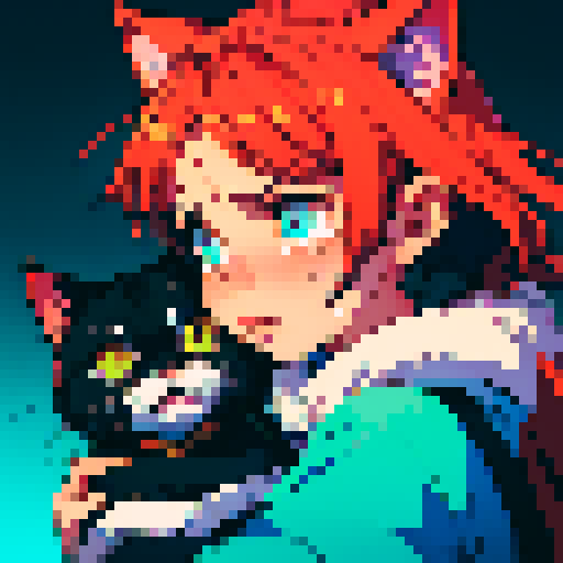 crying cat, pixel art, sRGB, teardrops, expressive eyes, vibrant colors, distressed fur, melancholic expression