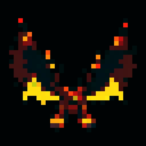 A larger, more formidable fire demon with intense flames engulfing its body, large wings, and glowing yellow eyes. It radiates heat and has a fierce, intimidating expression. No background.
