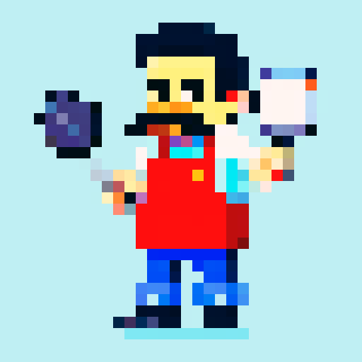 cooking chef with moustache, frying pan in hand, pixel art, vibrant sRGB colors
