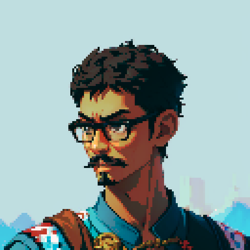 Southeast Asian man, short curly hair, round glasses, tanned, goatee, no mustache