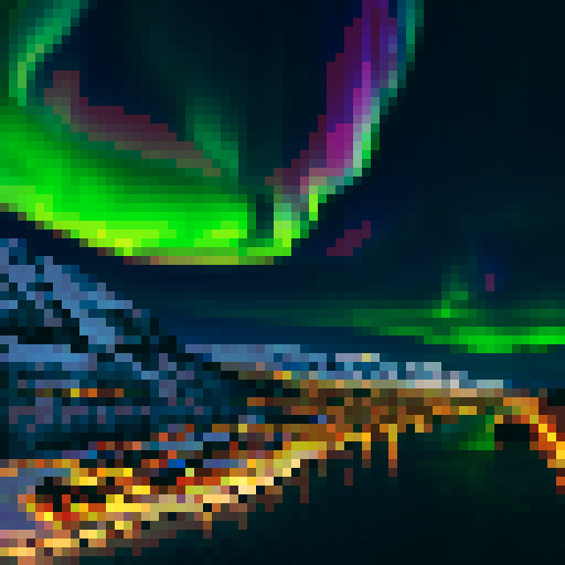 beautiful dramatic aurora borealis over an adorable town at night