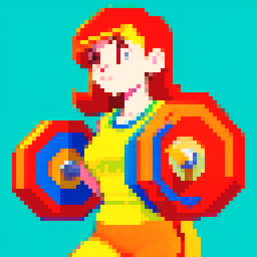 vibrant, energetic woman, determined weightlifting, retro-inspired pixel art background, vivid sRGB color palette