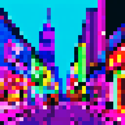 City lights glowing, towering skyscrapers, bustling streets filled with pixelated pedestrians, vibrant graffiti adorning walls, a neon-lit arcade with retro games, sRGB color palette creating a vibrant and lively atmosphere