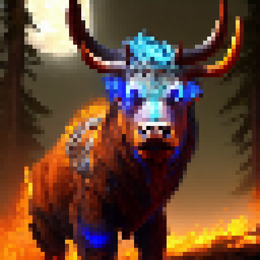 Bull with fiery blue horns and eyes, snorting flames from its nostrils, standing in a dark forest with magical runes etched into the ground and a full moon overhead, ready for battle in a Fantasy RPG.