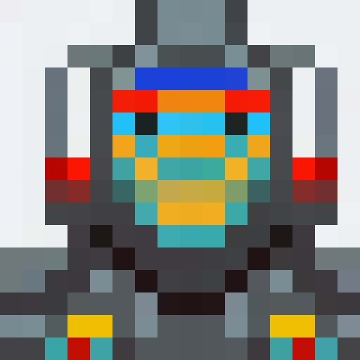 Cute robot with big round eyes, metallic body, and a friendly smile, rendered in a vibrant color palette reminiscent of retro arcade games, framed in a 16x16 pixel art close-up portrait