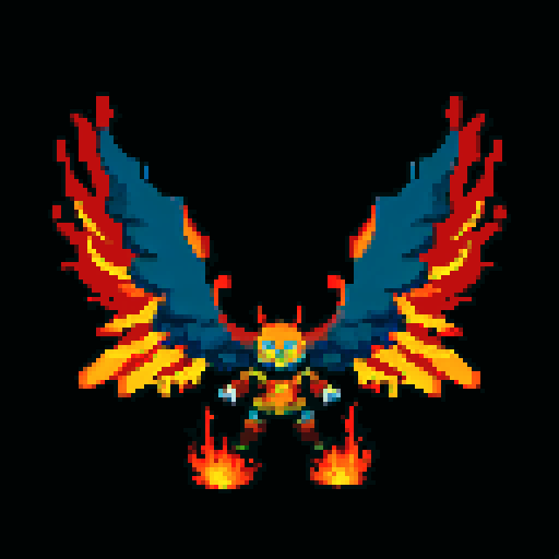 A massive, towering demon with flames raging around its body, giant wings, and burning eyes. It wields a flaming sword and has a powerful, destructive aura. No background.
