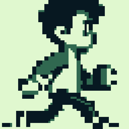 Gameboy, 8-bit sprite sheet, character walking and running cycle. profile. Male, Late 20's, slacker, dressed casually. simple. 
