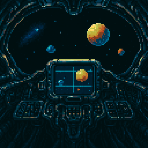 cockpit view of space, spaceship, realistic, alien style, 4 colors of chrome and metal. big centered EFIS