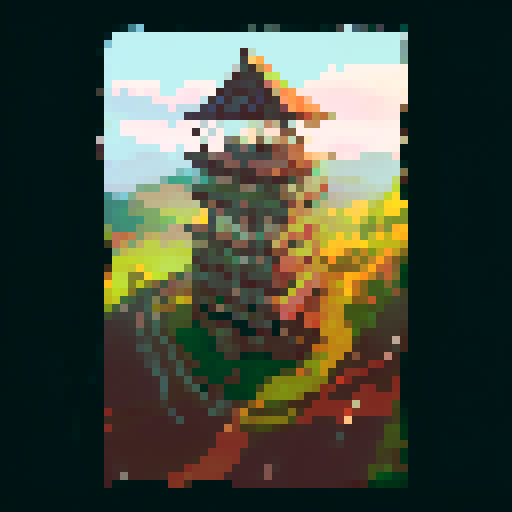 wooden sign, road expand into maple mountain. realistic sunrise casting light