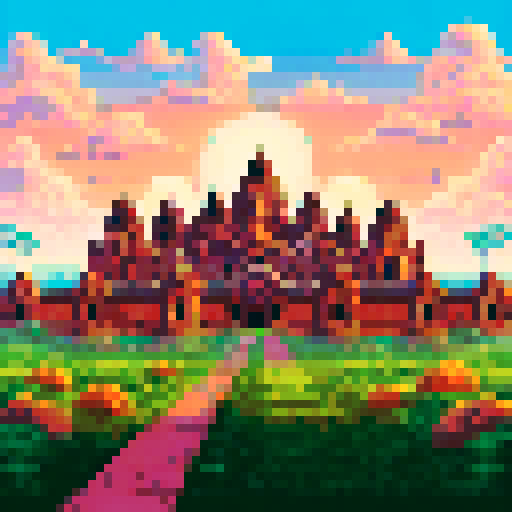 An enormous gated fortress that looks like a golden Angkor Wat, among a field of fluffy white clouds, with a bright orange sunset behind