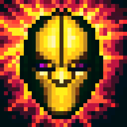 Metallic knight helmet with purple details, surrounded by fiery purple and green flames, in a close-up portrait style perfect for a skillful 32x32 pixel art game icon in sRGB color
