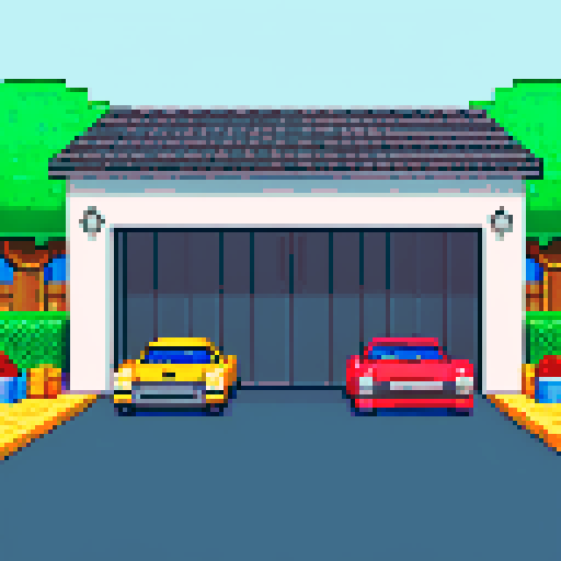 Large garage with cars, gray, asphalt, tools, car parts, pixel art