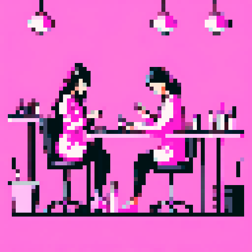 A nail tech doing a client's nails at a table in a pink nail salon.
