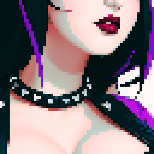 curvy, busty goth, cute goth woman's face, black hair, purple eyeshadow, red lipstick, studded leather string bikini, face portrait, beauty photo, vibrant sRGB colors, pixel art