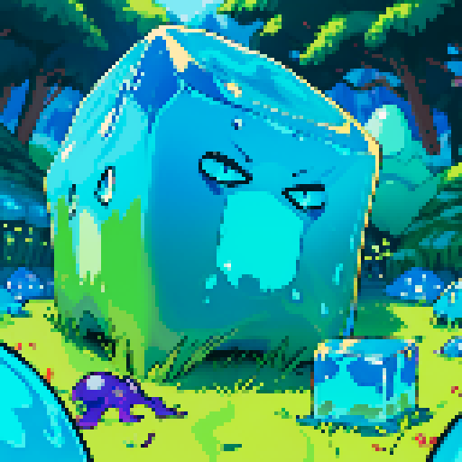Blue Slime cube, Gelatinous cube, giant Slime, boss fight, grasslands
