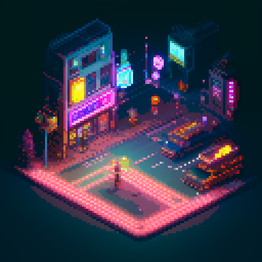 Isometric 2D cyberpunk street scene, vibrant neon lights, futuristic storefronts with glowing neon signs, reflective wet pavement, cybernetic-enhanced pedestrians, high-tech vehicles, mage girl floating in center, serene pose, fusion of mage robes and cyberpunk aesthetics with glowing runes, mystical aura amidst technology, focus on dynamic lighting and detailed environment