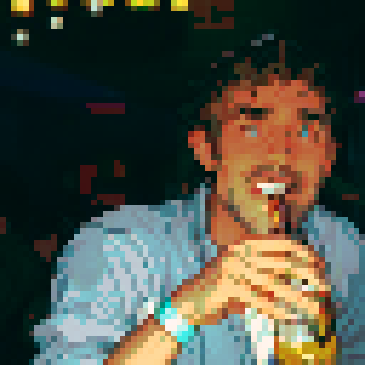 handsome, long-haired guy, drinking beer, with a pixel art style