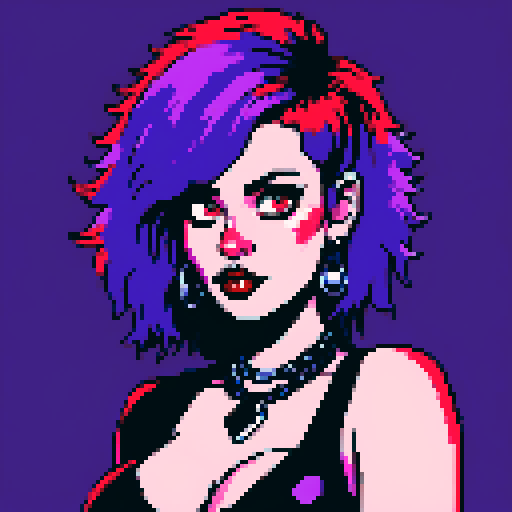 Plus size busty goth girl face, purple hair, black eyeshadow, red lipstick, bikini, studded collar, sexy seductive glamour shot. vibrant srgb colors, pixel art, edgy aesthetic