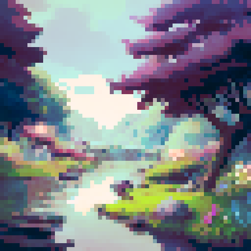 cottage nestled among lush greenery, serene river flowing gently, vibrant flowers blooming, towering trees surrounding, picturesque landscape portrait