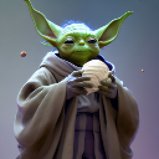 Yoda, in his signature robes, delightfully licks a mint-chocolate chip ice cream cone while surrounded by a galaxy of glittering stars and planets rendered in a whimsical, cartoonish style.