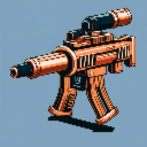 I want to see a simple copper minigun with 8 barrels floating in the center of the frame. It should have strange mechanical details that could interlock with others. I want this object usable an asset in a videogame, meaning only one object per image, outlined with a strong black stroke, on a solid-color background. 