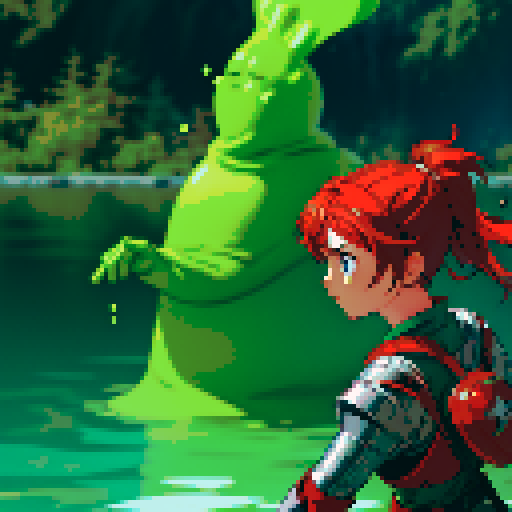 hero sinking into slime, hero drowning in slime, hero has red hair, hero has silver armor