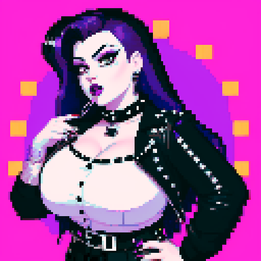 Plus size busty greaser goth girl, with long purple hair, eyeliner, red lipstick. wearing a skirt and studded collar. Posing for a portrait, avatar photo. vibrant sRGB colors, pixel art, edgy aesthetic
