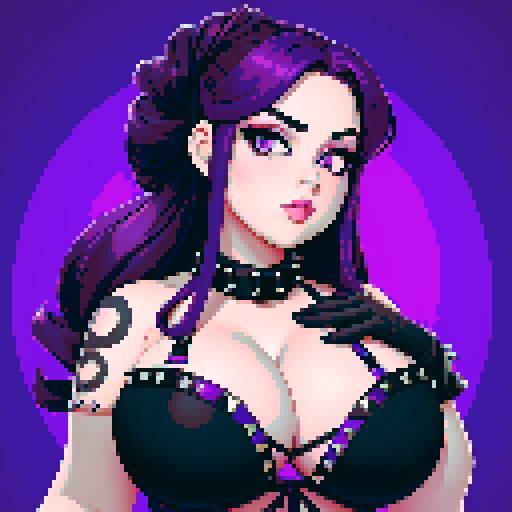 Thicc, curvy, busty goth babe showing off her bust, wearing studded collar, long purple hair in buns, fishnet stockings, studded halter top, sRGB