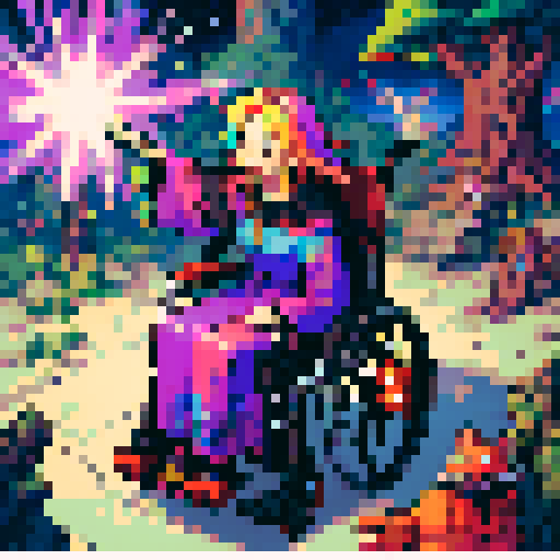 Wheelchair bound witch, colorful, whimsical, casting spells, surrounded by pixelated stars, vibrant sRGB hues, pixel art