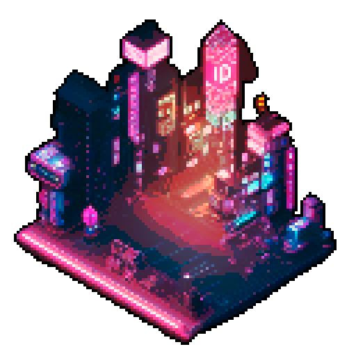 isometric 3D perspective, anime girl hovering in street, Japanese cyberpunk, neon lights, futuristic cityscape, dark colors, pixel art
