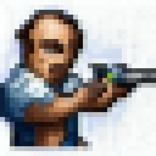 Pixelated gangster character grips his gun tightly in a close-up, 16x16 game icon-style portrait with bold colors and sharp edges.