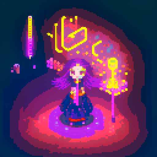 Mage anime girl with flowing hair, fluorescent tattoos, and a glowing staff, navigating through a purple neon-lit night market, vibrant colors, intricate patterns, retro aesthetics, pixel art