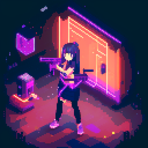  Mage anime girl with flowing hair, fluorescent tattoos, and a pixelated sniper rifle, navigating through a purple neon-lit night market and an sRGB glow