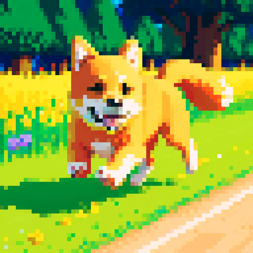 cute, furry, yellow dog with floppy ears and a wagging tail, running through a vibrant, 8-bit pixelated meadow, surrounded by vibrant, saturated sRGB colors
