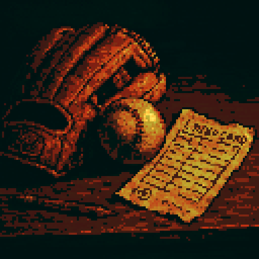 A close-up pixel art still life: a weathered brown leather baseball glove, a scuffed baseball, and a crumpled lineup card lying on a dusty wooden desk. Soft, moody lighting with long shadows and warm sunset tones. The desk has scratches, a chipped pencil, and maybe a faded team logo barely visible on the glove or card. Use deep browns, tans, and warm orange highlights.
