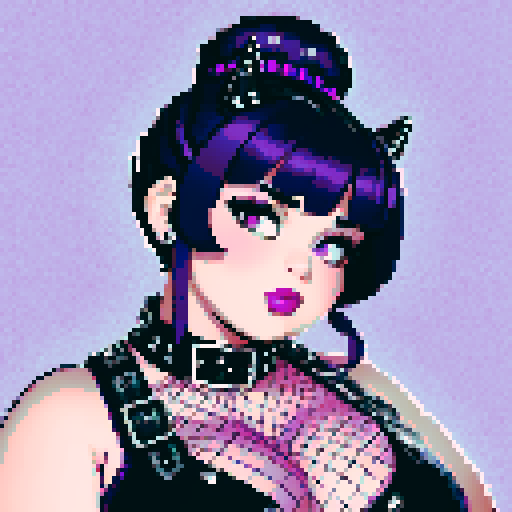 Face Portrait of Thicc, curvy, busty goth babe with studded collar, long purple hair in buns, fishnet stockings, studded halter top, pixel art, sRGB.
