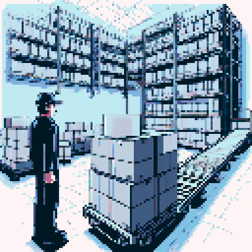 visualize a warehouse worker standing in the middle. On his front is the mouth of a conveyor belt, transporting boxes. On his back is a trolley brimming with boxes 