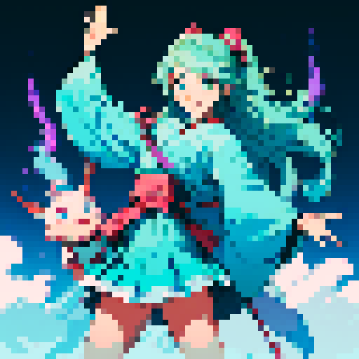 Name: Maihara Fuuka
Age: Around 20
Hair: cyan long hair, vivid eyes with a smile.  
Eyes: winking, expressing cute and some kind of tricking.
Clothing: wearing skirt.
Pose: Only one hand shaking to you, smiling, and the other hand is putting behind back. Seems like verying welcoming. Stooping slightly.
Other Details: You can imagine this character as a high school girl appearing in Japanese animtion. Pay attention that no extra Japanese elements are needed. Clear facial expression