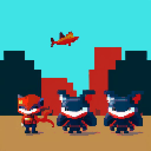 The background is red and black, and three villain faces—a shark, a rat, and a fox—and their troop, ready for war, are at the bottom of the image.

