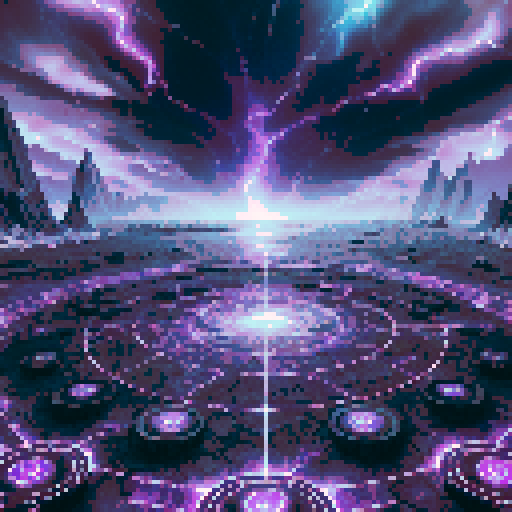 A dark psychic battleground with an off-center perspective, where glowing purple runes on a cracked black floor extend diagonally. Jagged floating crystals and arcs of dark energy surround the arena, with the central focus shifted to the right. Ominous storm clouds with flashes of purple lightning fill the sky, blending into a dark starry background. The environment feels immersive and foreboding, emphasizing depth and a mysterious, otherworldly atmosphere.